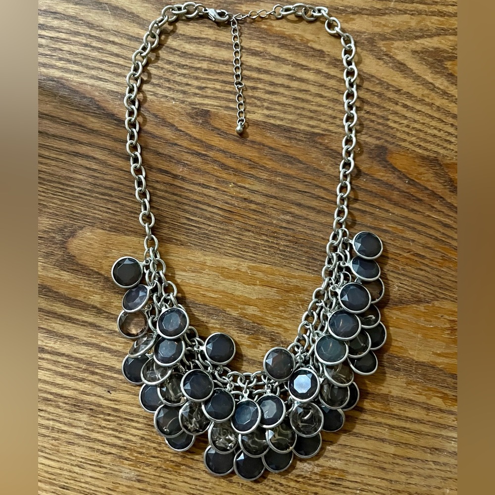 Vintage 80’s Silver & Gray Gem Statement Necklace - Adjustable Length 9”-10.5”